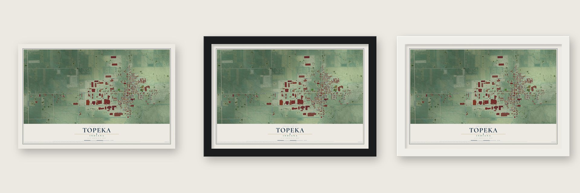Topeka, Indiana map unframed, in a black wood frame and in a white wood frame