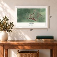 Topeka, Indiana map, 12 x 18 inch print in a white frame in an entryway