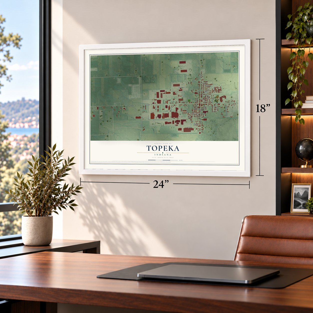 Topeka, Indiana map, 18 x 24 inch print in a white frame in a home office
