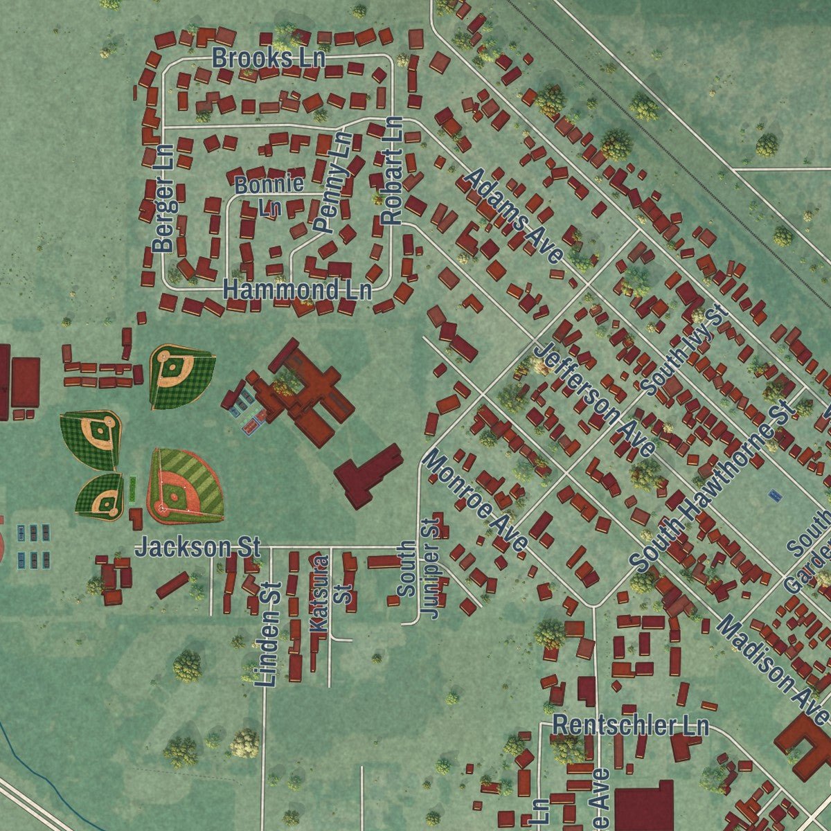 Second close-up of the map of Toppenish, Washington print showing more streets and buildings