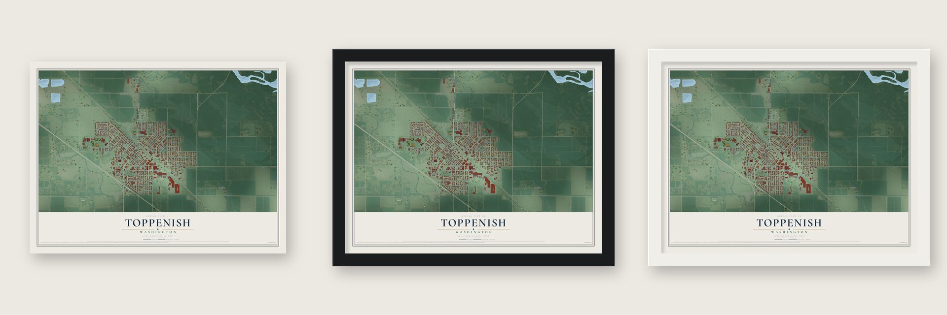 Toppenish, Washington map unframed, in a black wood frame and in a white wood frame