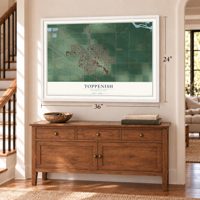 Toppenish, Washington map, 24 x 36 inch print in a white frame above a dresser by a staircase