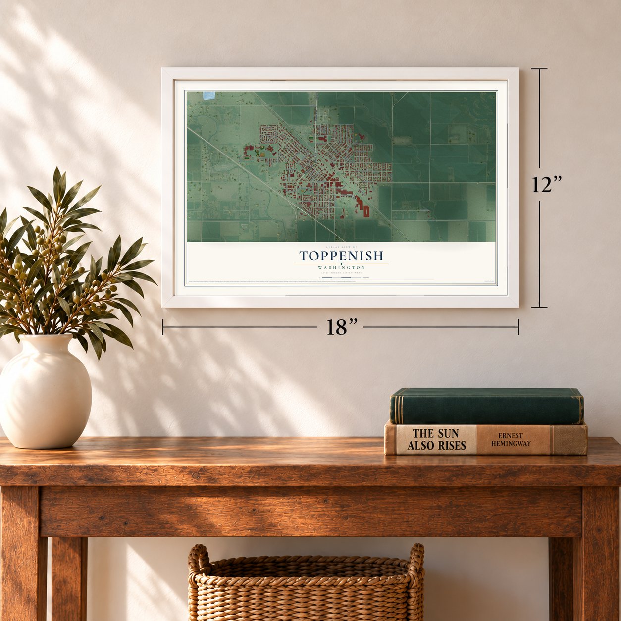 Toppenish, Washington map, 12 x 18 inch print in a white frame in an entryway