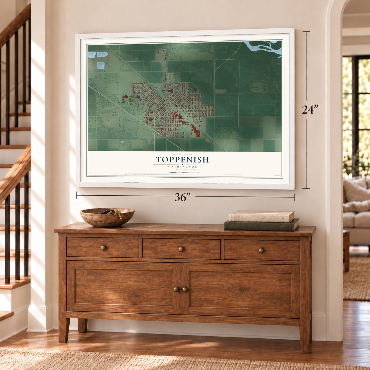 Toppenish, Washington map, 24 x 36 inch print in a white frame above a dresser by a staircase