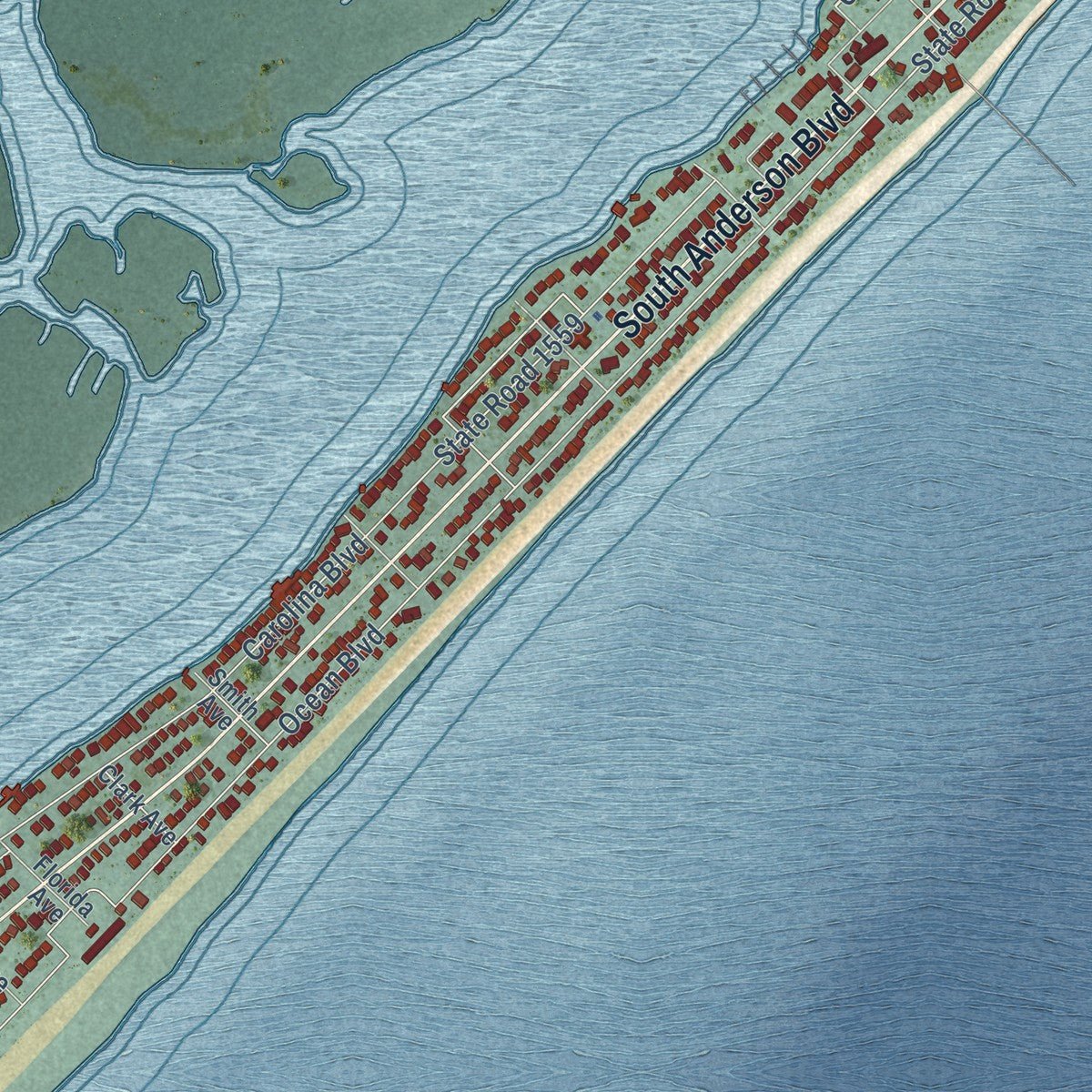 Second close-up of the map of Topsail Beach, North Carolina print showing more streets and buildings