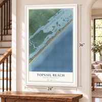 Topsail Beach, North Carolina map, 24 x 36 inch print in a white frame by a staircase