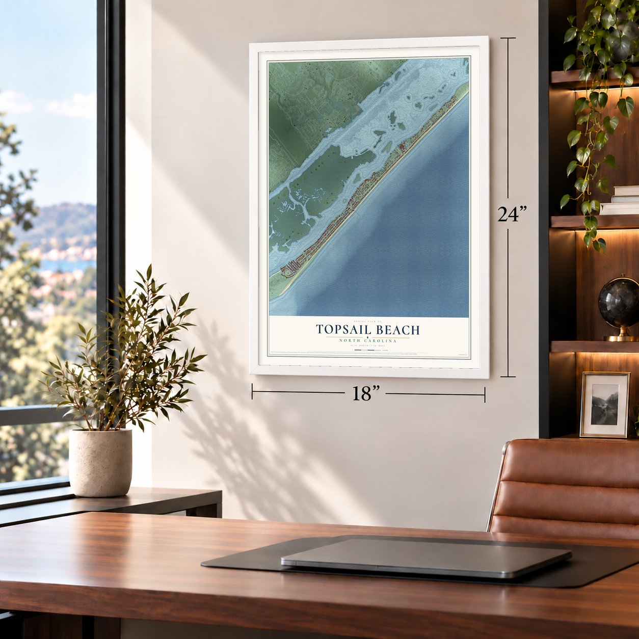 Topsail Beach, North Carolina map, 18 x 24 inch print in a white frame in a home office