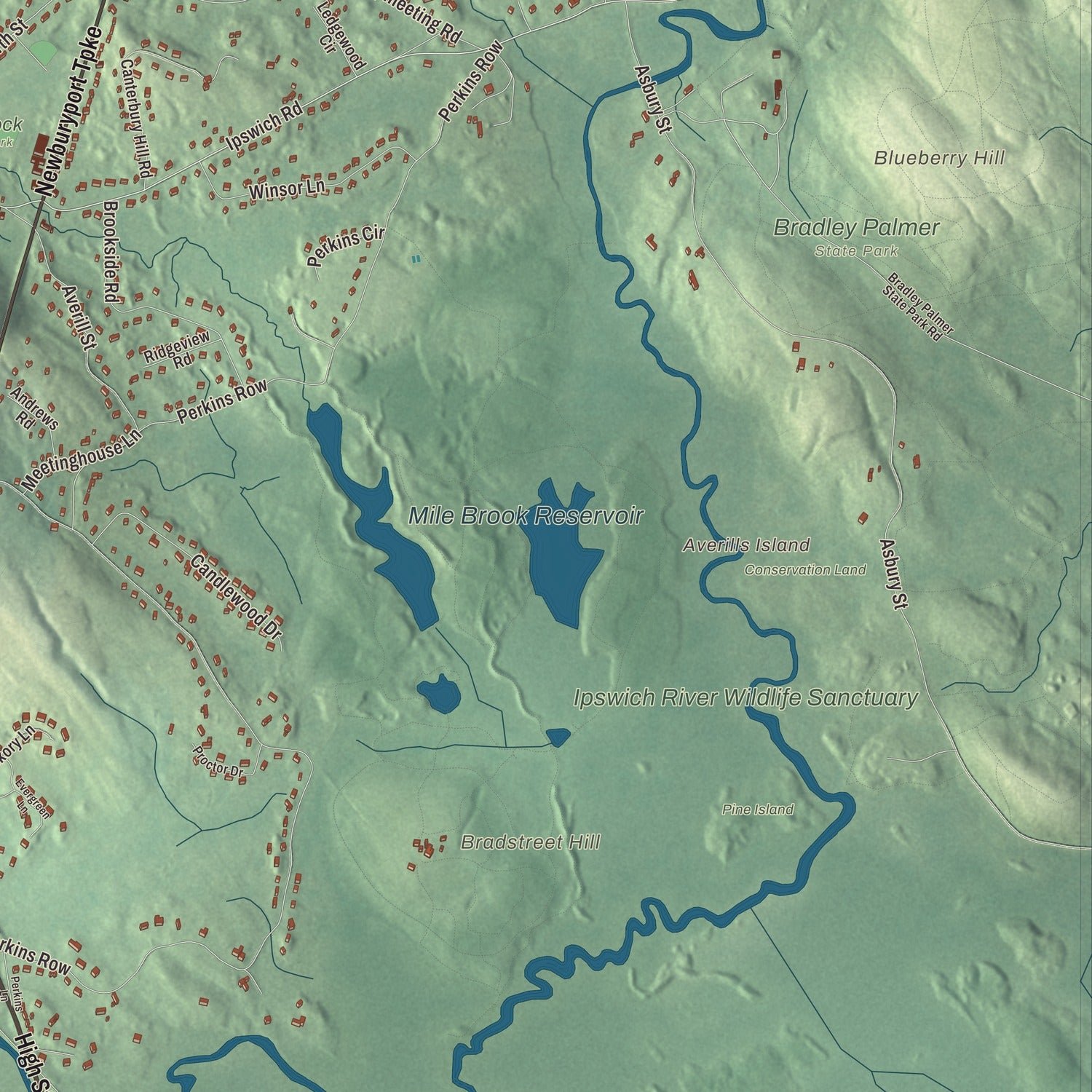 Close-up of the map of Topsfield, Massachusetts print showing terrain and local geography