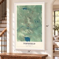 Topsfield, Massachusetts map, 24 x 36 inch print in a white frame by a staircase