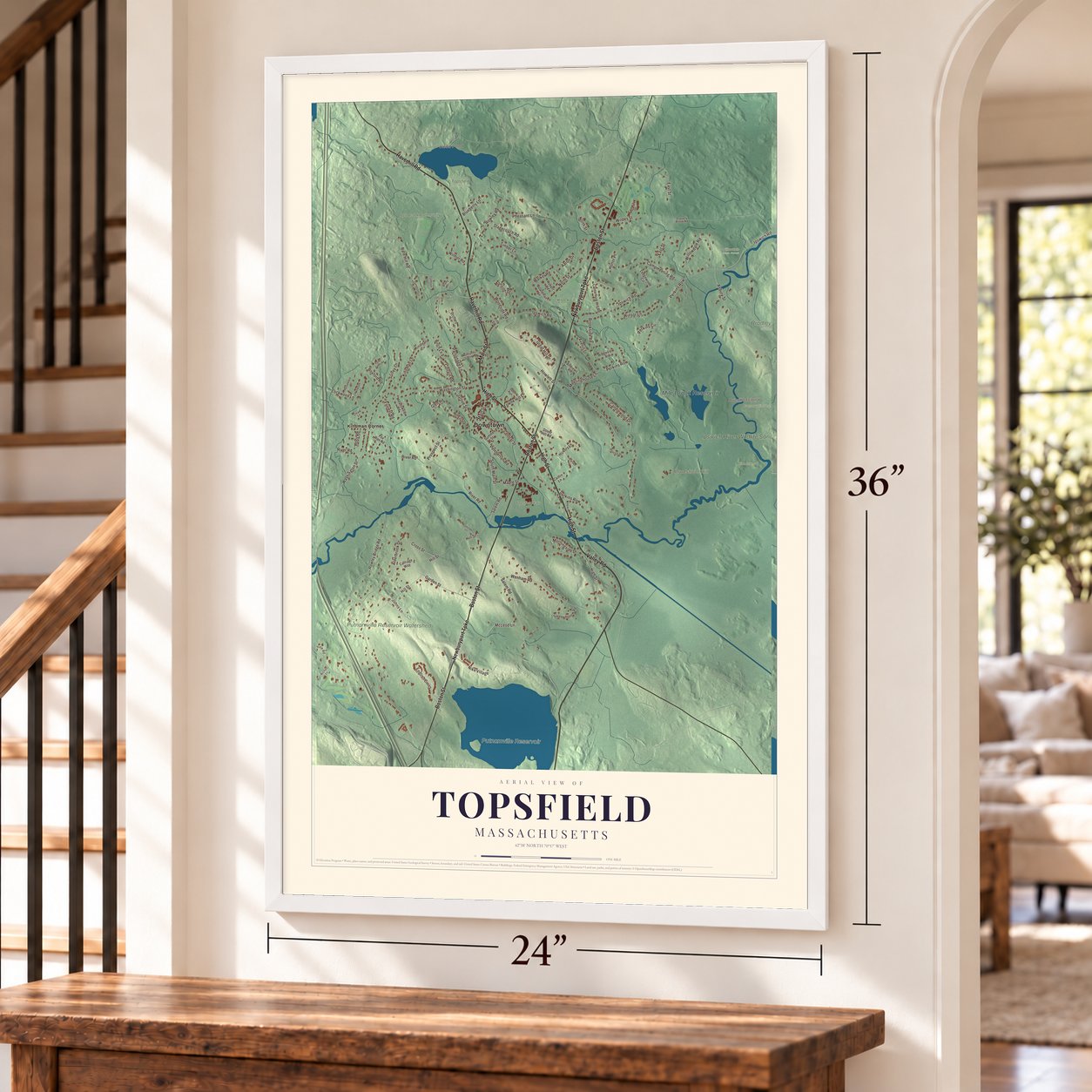 Topsfield, Massachusetts map, 24 x 36 inch print in a white frame by a staircase