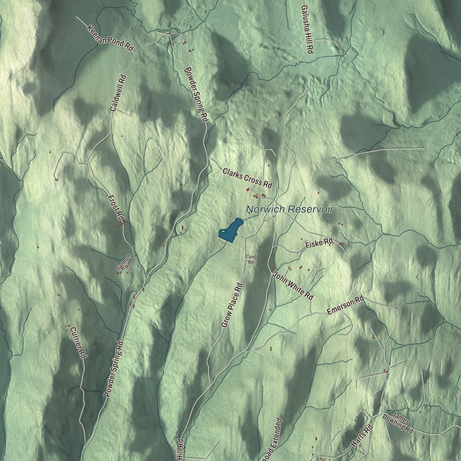 Close-up of the map of Topsham, Vermont print showing terrain and local geography