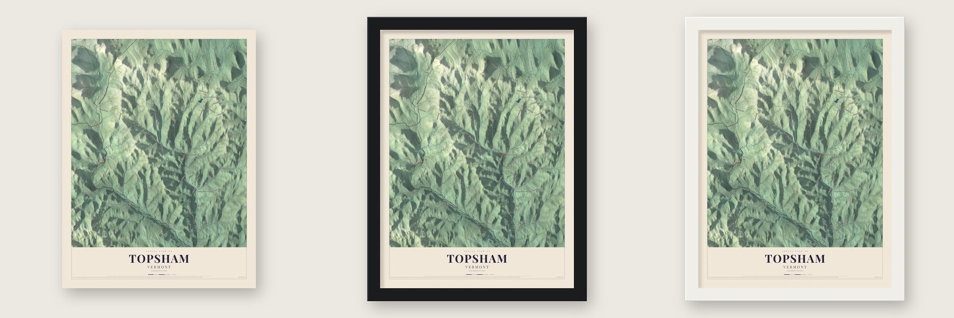 Topsham, Vermont map unframed, in a black wood frame and in a white wood frame