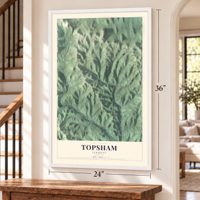 Topsham, Vermont map, 24 x 36 inch print in a white frame by a staircase