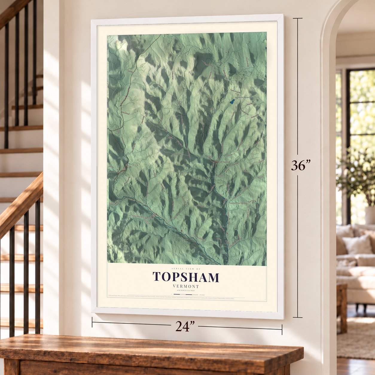 Topsham, Vermont map, 24 x 36 inch print in a white frame by a staircase