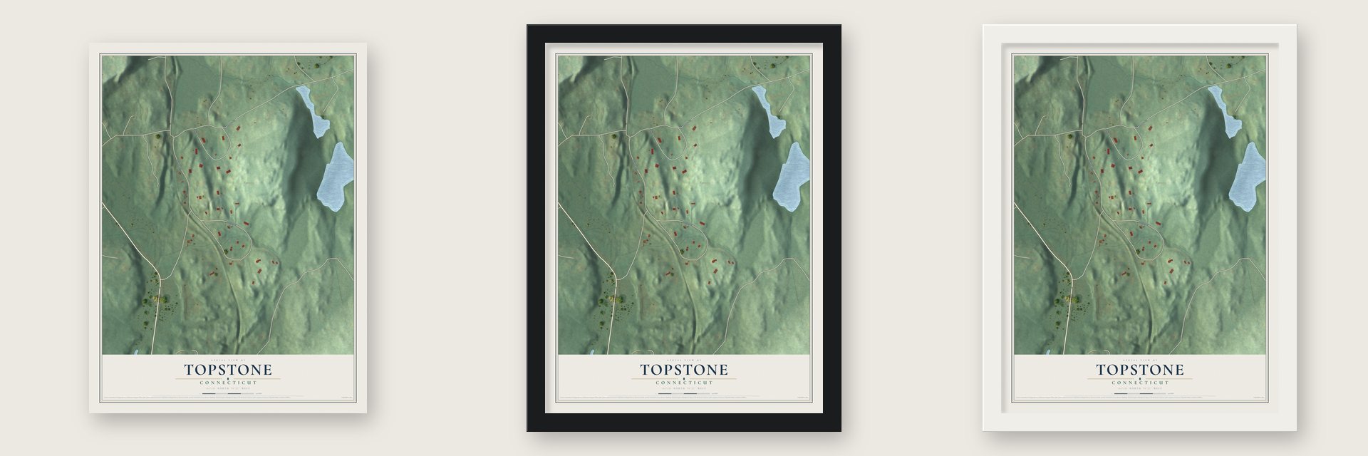 Topstone, Connecticut map unframed, in a black wood frame and in a white wood frame