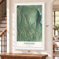 Topstone, Connecticut map, 24 x 36 inch print in a white frame by a staircase