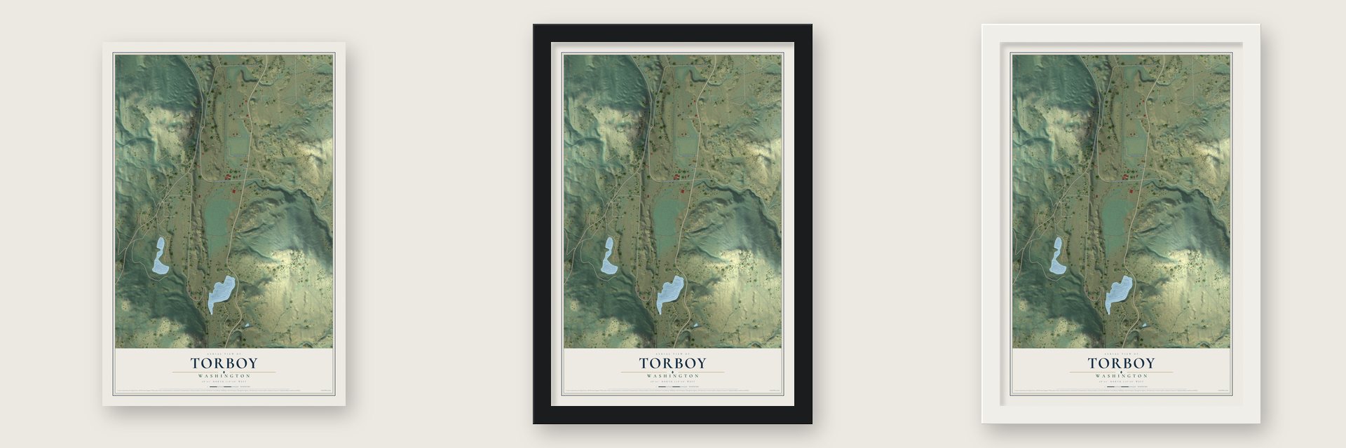 Torboy, Washington map unframed, in a black wood frame and in a white wood frame