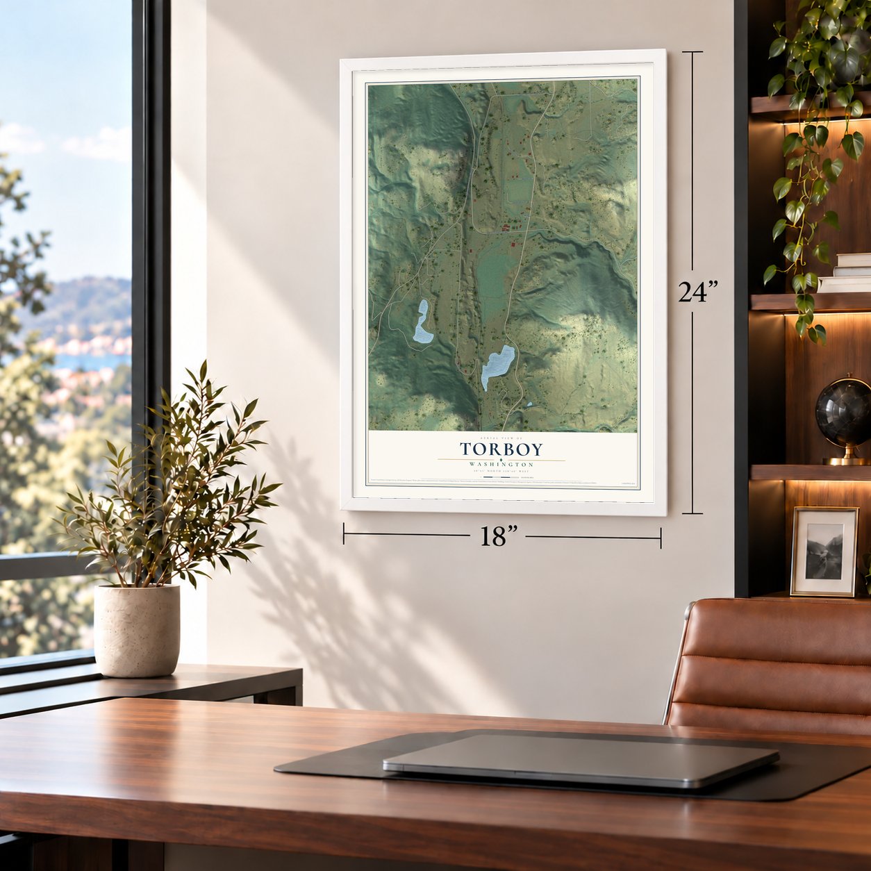 Torboy, Washington map, 18 x 24 inch print in a white frame in a home office