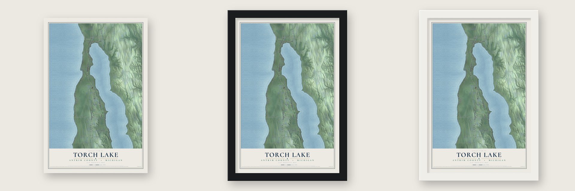 Torch Lake, Antrim County, Michigan map unframed, in a black wood frame and in a white wood frame