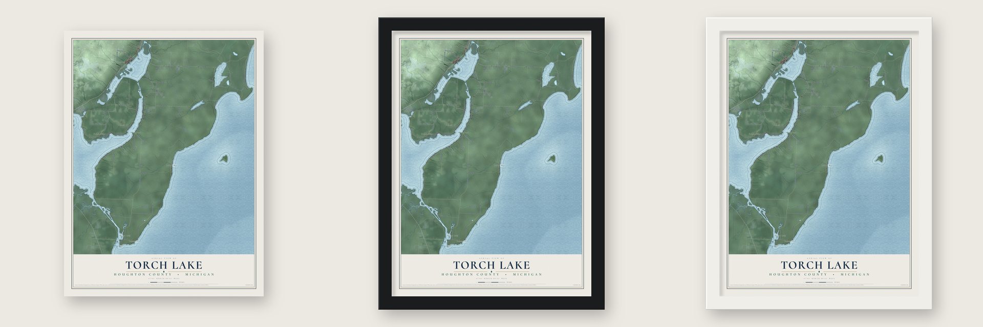 Torch Lake, Houghton County, Michigan map unframed, in a black wood frame and in a white wood frame