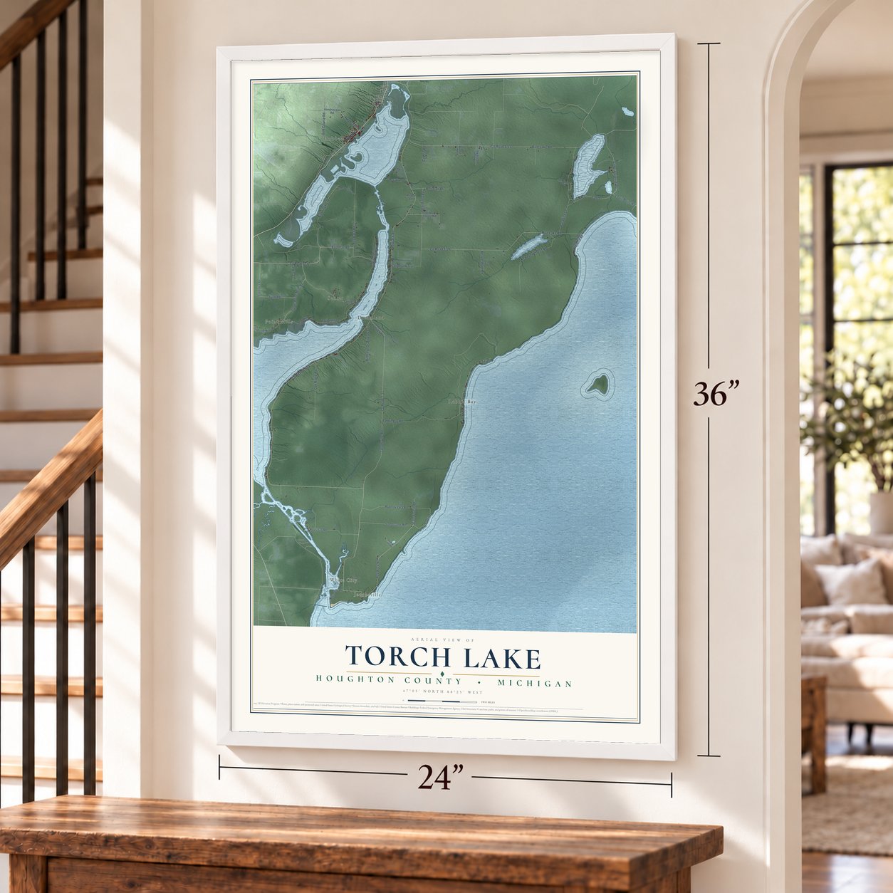 Torch Lake, Houghton County, Michigan map, 24 x 36 inch print in a white frame by a staircase