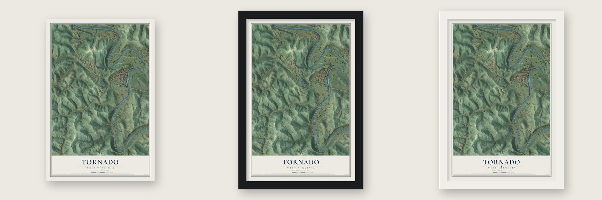 Tornado, West Virginia map unframed, in a black wood frame and in a white wood frame