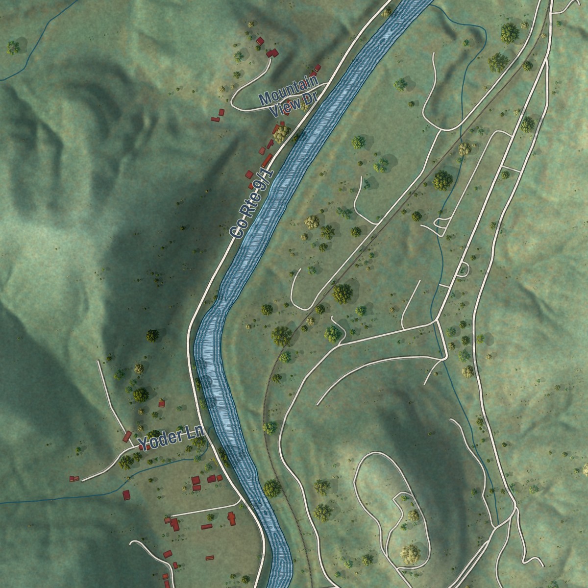 Second close-up of the map of Tornado, West Virginia print showing more streets and buildings
