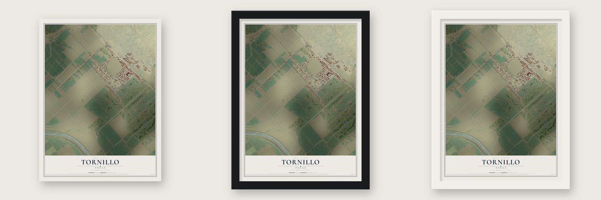 Tornillo, Texas map unframed, in a black wood frame and in a white wood frame