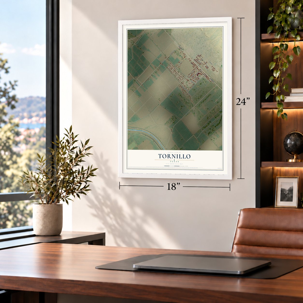 Tornillo, Texas map, 18 x 24 inch print in a white frame in a home office