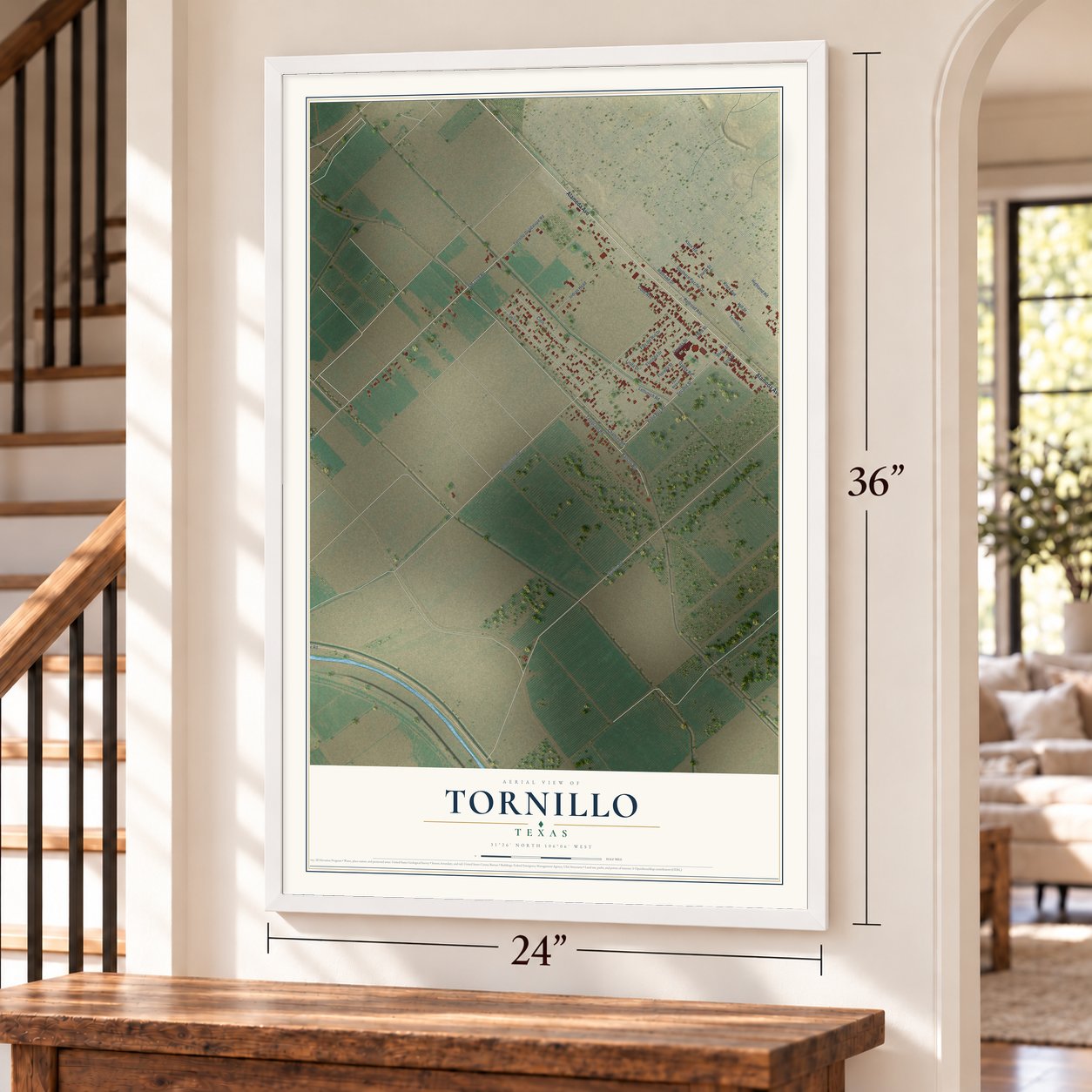 Tornillo, Texas map, 24 x 36 inch print in a white frame by a staircase