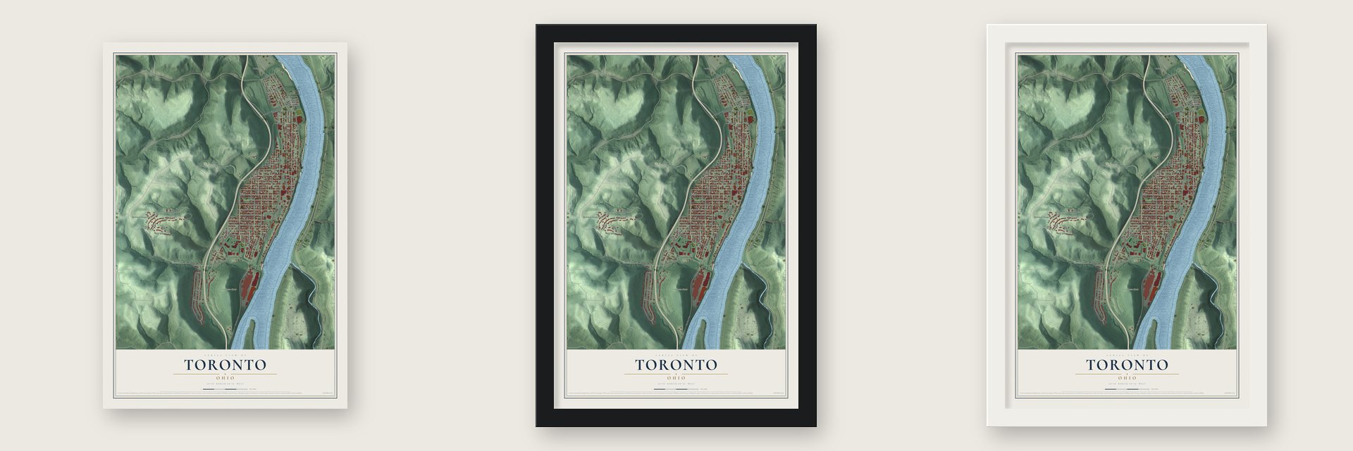 Toronto, Ohio map unframed, in a black wood frame and in a white wood frame