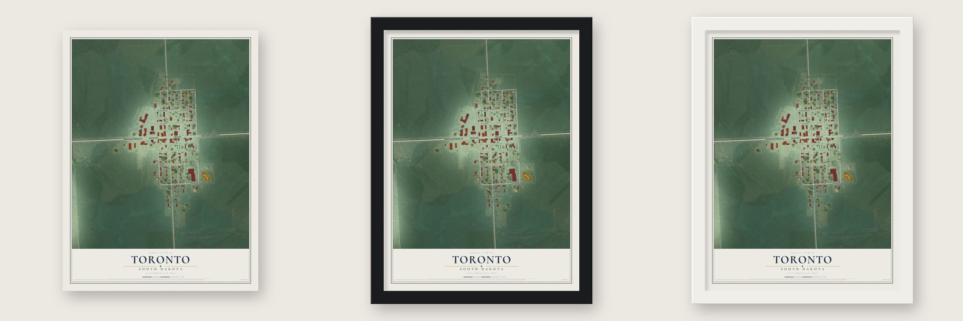 Toronto, South Dakota map unframed, in a black wood frame and in a white wood frame