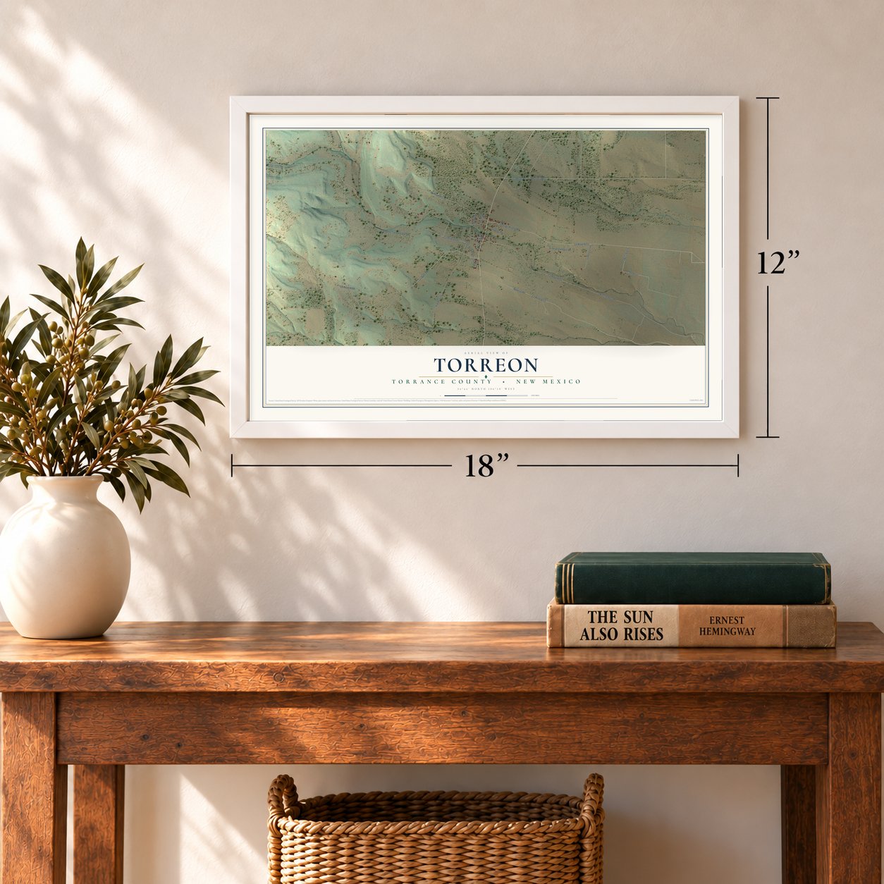 Torreon, New Mexico map, 12 x 18 inch print in a white frame in an entryway