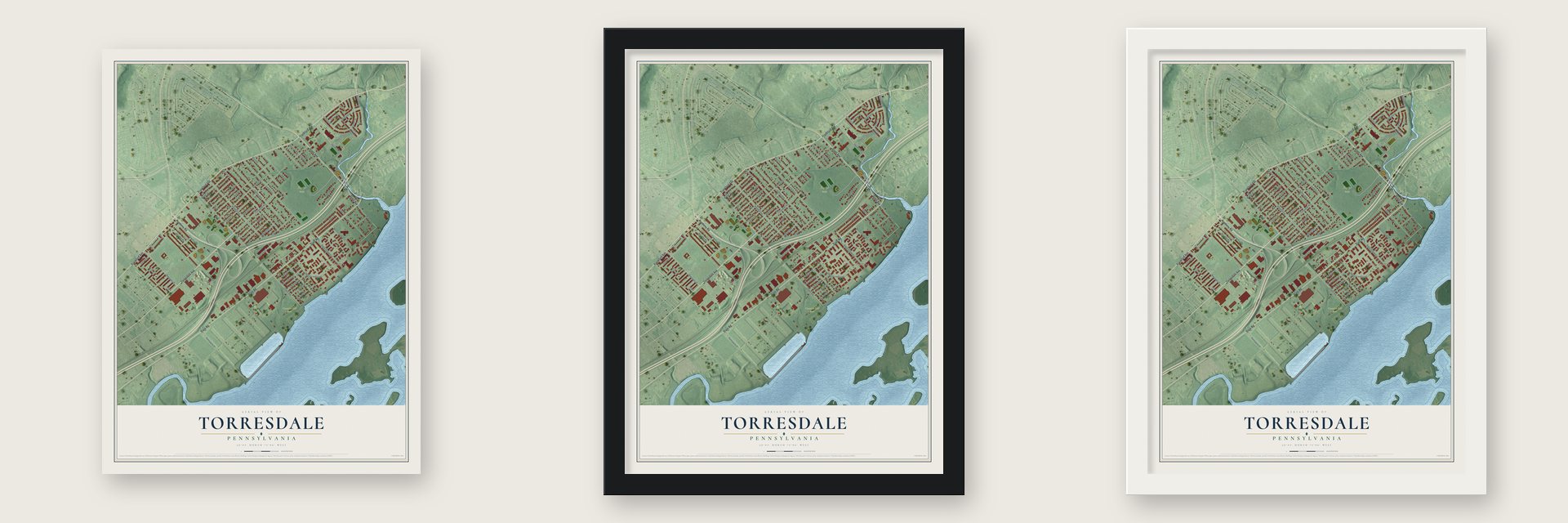 Torresdale, Pennsylvania map unframed, in a black wood frame and in a white wood frame