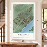 Torresdale, Pennsylvania map, 24 x 36 inch print in a white frame by a staircase