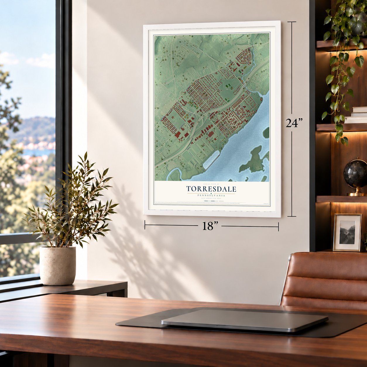 Torresdale, Pennsylvania map, 18 x 24 inch print in a white frame in a home office
