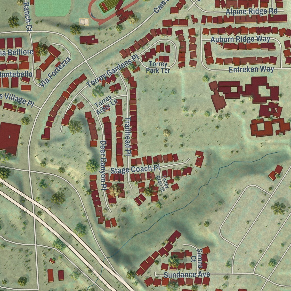 Second close-up of the map of Torrey Highlands, California print showing more streets and buildings