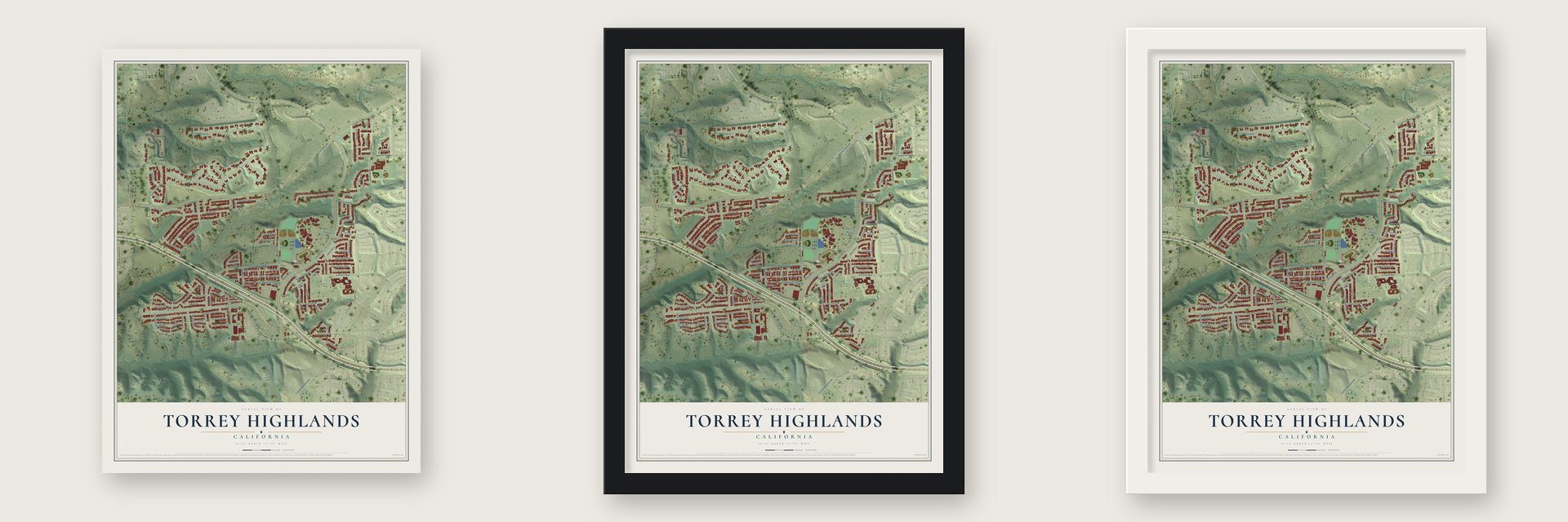 Torrey Highlands, California map unframed, in a black wood frame and in a white wood frame