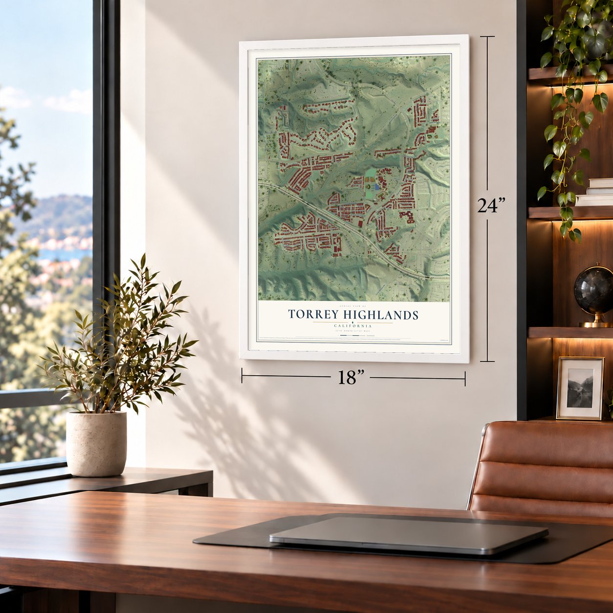 Torrey Highlands, California map, 18 x 24 inch print in a white frame in a home office