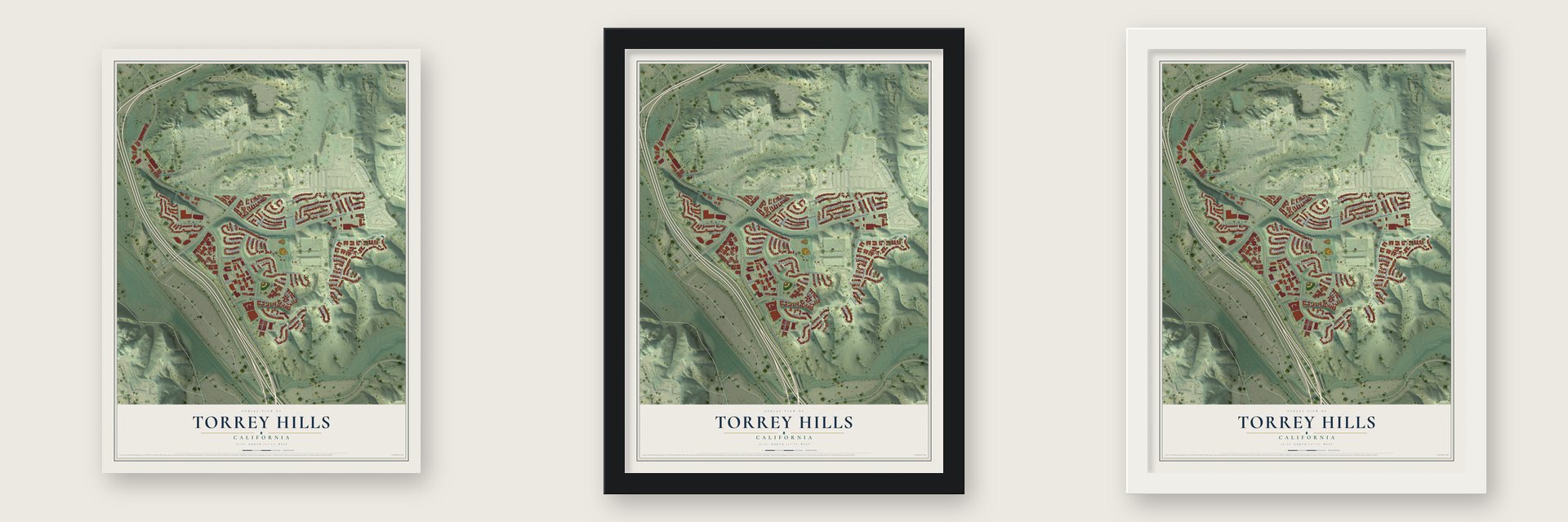 Torrey Hills, California map unframed, in a black wood frame and in a white wood frame