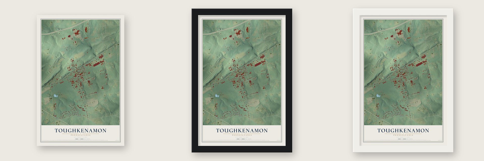 Toughkenamon, Pennsylvania map unframed, in a black wood frame and in a white wood frame