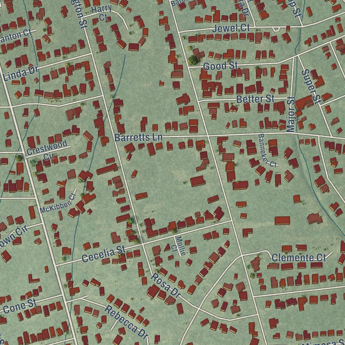 Second close-up of the map of Toulminville, Alabama print showing more streets and buildings