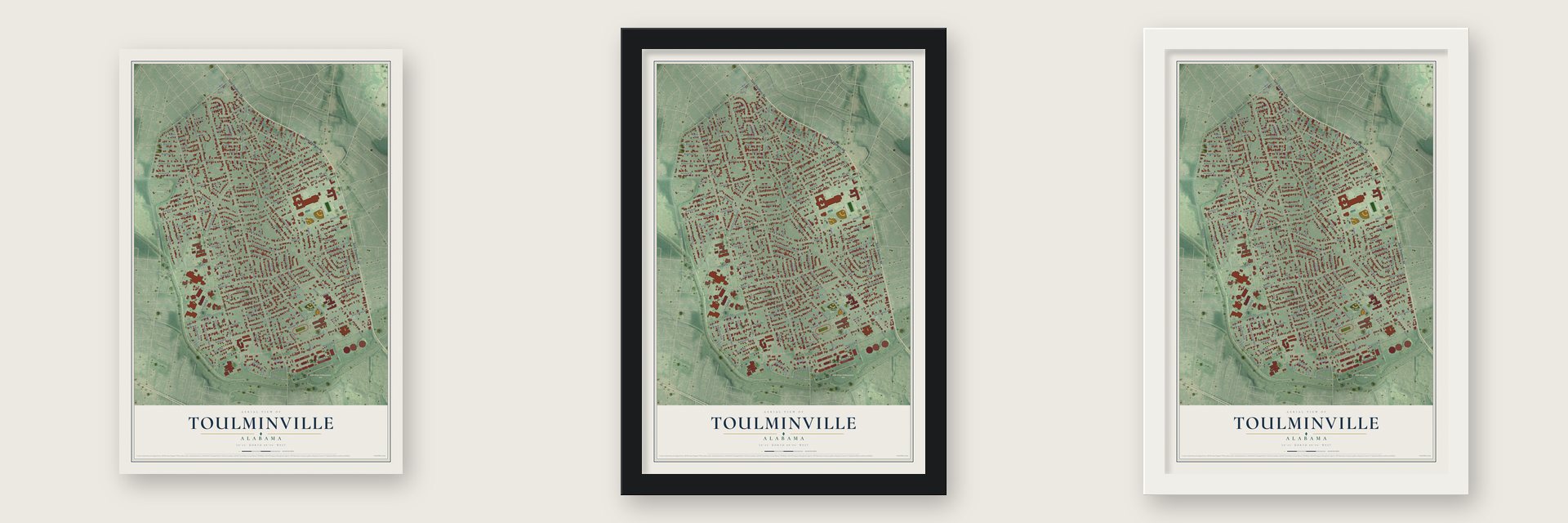 Toulminville, Alabama map unframed, in a black wood frame and in a white wood frame