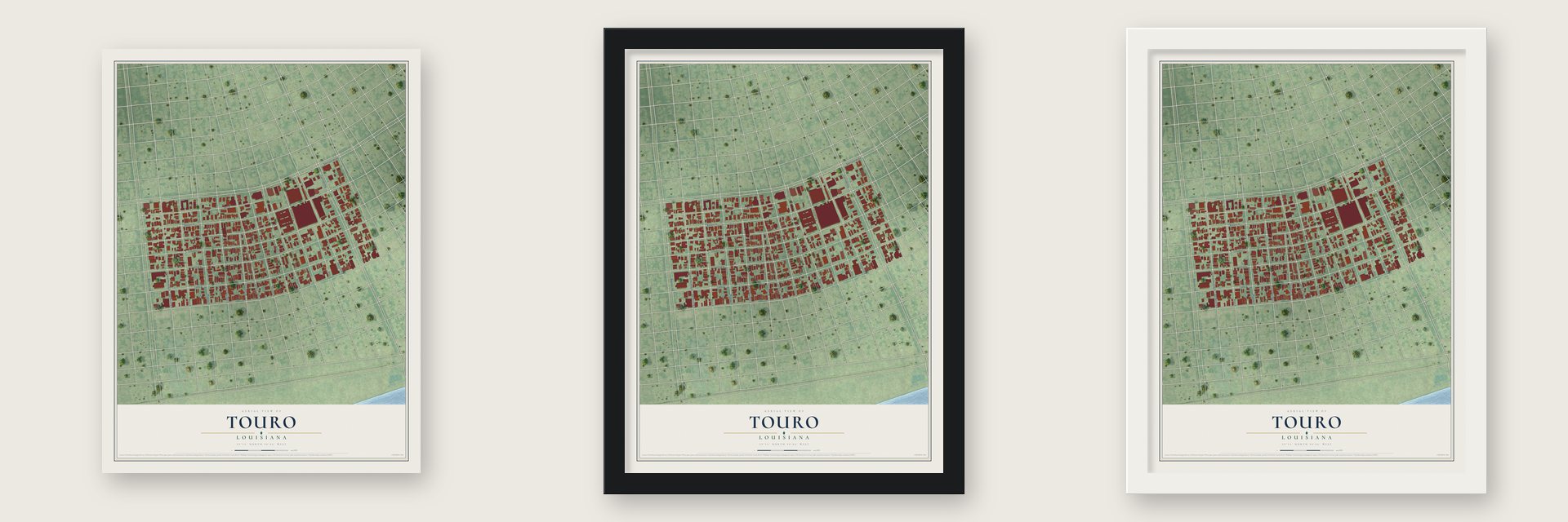 Touro, Louisiana map unframed, in a black wood frame and in a white wood frame