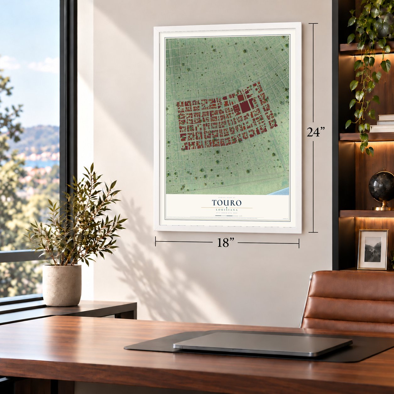 Touro, Louisiana map, 18 x 24 inch print in a white frame in a home office