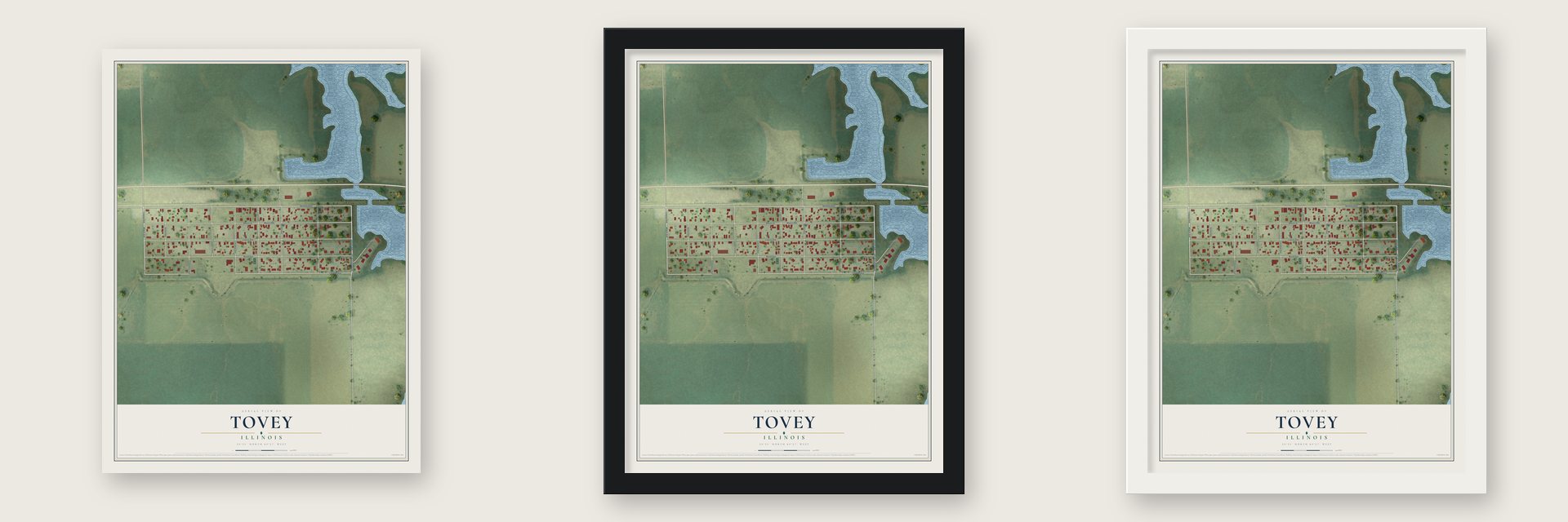 Tovey, Illinois map unframed, in a black wood frame and in a white wood frame