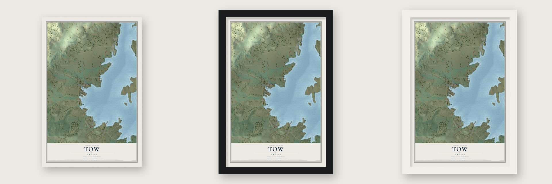 Tow, Texas map unframed, in a black wood frame and in a white wood frame
