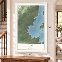 Tow, Texas map, 24 x 36 inch print in a white frame by a staircase