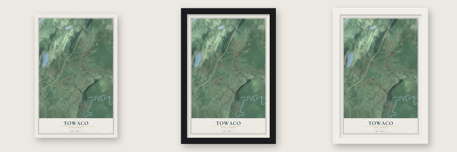 Towaco, New Jersey map unframed, in a black wood frame and in a white wood frame