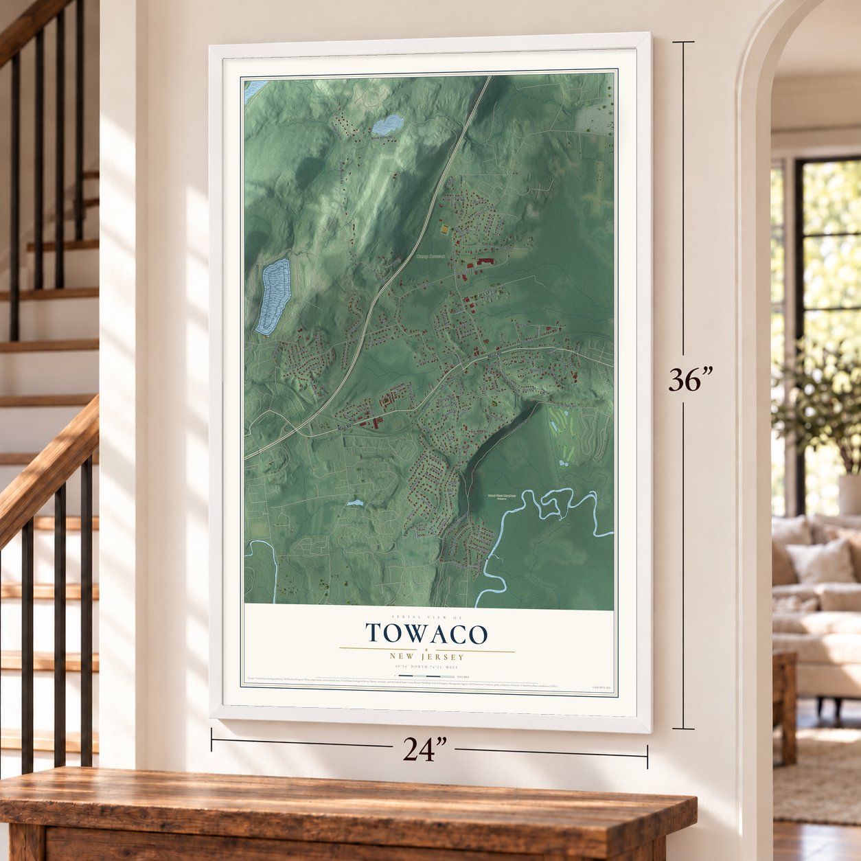 Towaco, New Jersey map, 24 x 36 inch print in a white frame by a staircase